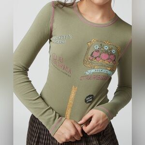 Urban Outfitters Olive Long-Sleeve Graphic Tee with Pink Trim